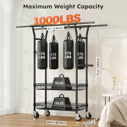 SOLEDI Heavy-Duty Clothes Rack, 1000 LBS clothing rack with wheels Load Capacity Double Rod Clothing Rack with Shelves & Lockable Wheels, Suitable for Bedroom, Entryway, Living Room & Garage (black) - color: Black