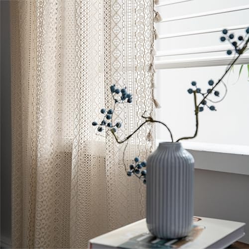 Sutuo Home Boho Curtains 120 inches for Bedroom Living Room Patio Doorway, Crochet Lace Sheer Bohemian Extra Long with Tassels,Window Treatment Drape, Single 1 Panel 59" W x 120" L, Beige - color: Beige Crochet, size: 59"W x 120"L (Pack of 1)