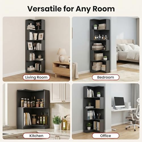 Corner Bookshelf, 5 Tier Tall Corner Bookcase with LED Lights, Freestanding L Shaped Open Display Shelf for Living Room, Bedroom, Home Office (Black) - style: Black-without drawers