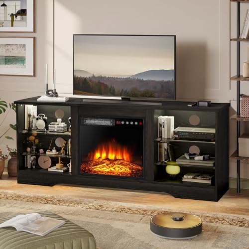 Fireplace TV Stand for up to 65 Inch TVs, Space-Saving LED Modern Entertainment Center for Small Apartments with Built-in 18" Electric Fireplace Heater & Adjustable Glass Shelves, Black - color: Black, size: 58"