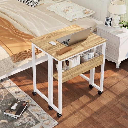 GreenForest Folding Desk with Wheels, 24.8" Rolling Table for Small Spaces | Storage Shelf, Lockable Casters, Compact Portable Workstation, Space-Saving Foldable Sofa Table, Home Office, Mobile, Oak - color: Oak, size: 24.8 inch