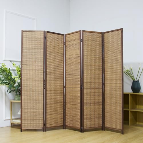 5 Panel Bamboo Room Divider Screen,5.6 FT Tall Bamboo Divider Folding Privacy Screen,Freestanding Panel Divider for Room Seperation,Brown - color: Brown, size: 5 Panel