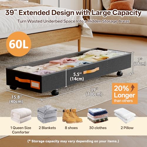 Under Bed Storage with Wheels 39inch, Extra Long Under Bed Storage Bins, Low Profile Under Bed Storage 5.5inch Height No Assemble Storage Containers, Under Bed Shoe Storage with Lids - color: Extra-Long Design