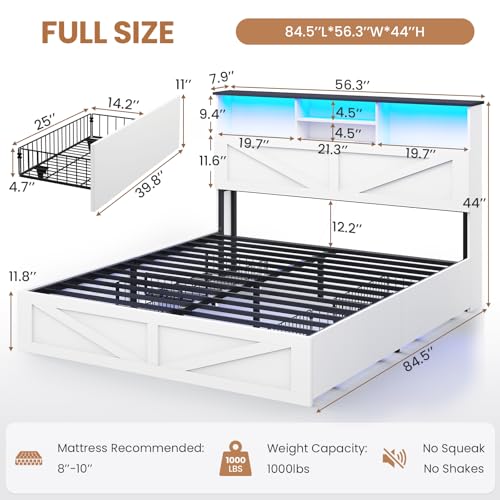 Farmhouse Bed Frame Full Size with Bookcase Storage Headboard, Charging Station and LED Lights, Wooden Full Bed Frame with 4 Drawers, Barn Door Design, No Box Spring Needed, No Noise, White - color: White, size: Full