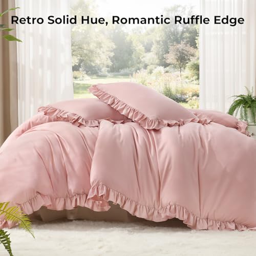 Litanika King Comforter Set, 3 Pieces Blush Ruffle Bedding Set | Farmhouse Shabby Chic Aesthetic Soft Fluffy Lightweight Breathable Bed Set for Girls Women Room Decor Gift All Season - color: 02 - Blush, size: King (104"x90")