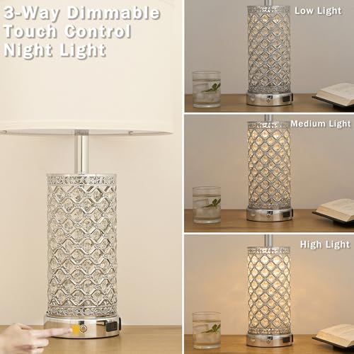 SAIWEYA 24in Crystal Table Lamp Set of 2 Bedroom Lamps for Night Stand | 3-Way Dimmable Touch with Night Ligh, 2 USB Ports + AC Outlet, White Fabric Shade, LED Bulb Included - color: Silver-2 Pack 24In