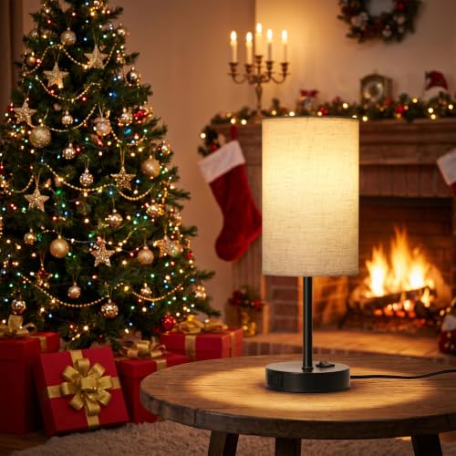 ZJOJO Table Lamp for Bedroom Set of 2, Bedside Small Lamps with 3 Way Dimmable Rocker Switch and AC Outlet, Nightstand Desk Lamp with Flaxen Fabric Shade Black Base for Living Room Home Decor Lights | E26 Bulbs,AC Outlet,3 Way Dimmable,Rocker Switch,Desk