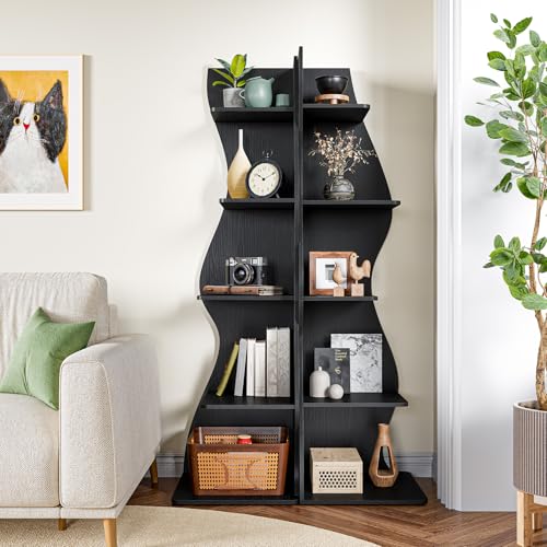 LITTLE TREE Small Corner Shelf, Modern 5-Tier Wall Wavy Corner Bookshelf | Stylish Bookcase Storage Rack for Small Space, Living Room, Bedroom, Black - color: Black, size: 1 Pack