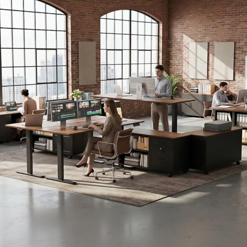 55" L Shaped Electric Standing Desk with Cabinet Sets, Walnut/Black (Pack of 2) - color: Walnut+black, size: 55 Inch (Pack of 2)