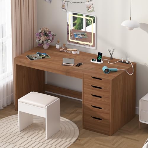 47 Inch Computer Desk with 5 Drawers and Power Outlets for Small Spaces | Home Office Desks with Storage File Cabinet and Charging Station, Modern Simple Laptop Desk Writing Table, Brown - color: Brown