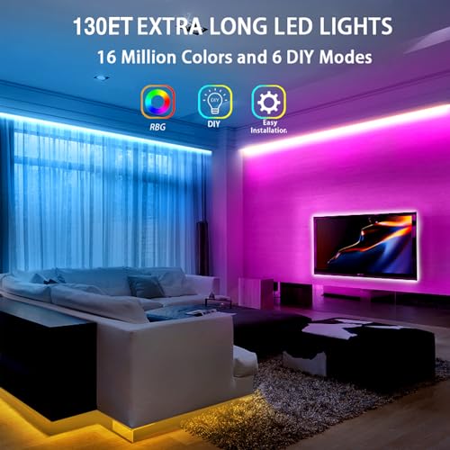 dalattin Led Lights for Bedroom 130ft RGB Led Strip Lights Color Changing Kit with 44 Keys Remote Controller and 24V Power Supply Led Light Strips Indoor Decoration,2 Rolls of 65ft - size: 130 ft