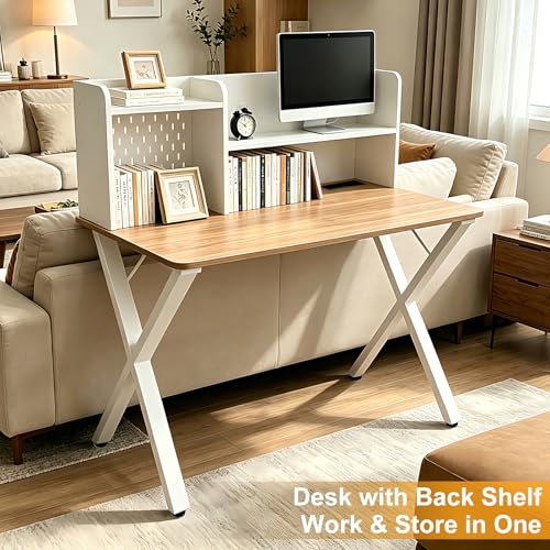 Lightdot 44"×24" White Computer Desk with Motion Sensor Light, Home Office Gaming Desk with Charging Station Pegboard, Modern Study Desk for Work Bedroom Game Kids Room Living Room - color: White/Natural