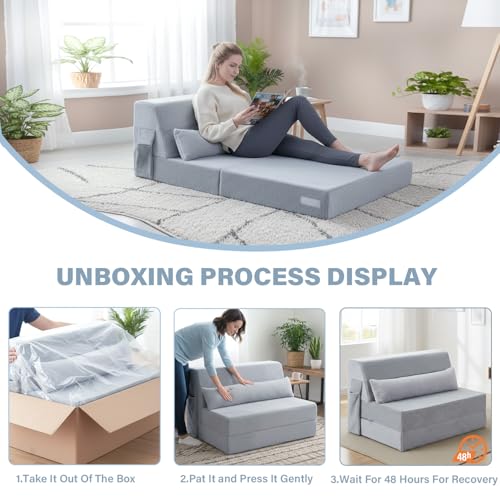 Convertible Folding Sofa Bed Mattress with Pillow & Side Pocket, Plush Fabric Floor Mattress Couch Bed, Washable Cover, Twin Size, White Gray - color: Plush White Gray, size: Twin Size
