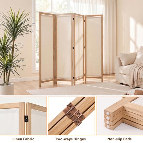 Wood Room Divider Panel with Linen Fabric, Boho Folding Privacy Screen 67" | Two Way Hinges, No-Assembly Required, Freestanding Screen For Bedroom, Living, Office or Apartment - color: Natural, size: 4 Panel