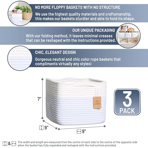 NaturalCozy Storage Cubes 9”x9”x7”Cotton Rope Woven Baskets for Organizing 3-Pack | 9 Inch Cube Storage Bin | Small Basket for Shelf Nursery, Pantry, Decorative Plant, Bathroom Closet, Toy Gift - color: Off White & Mixed Blue