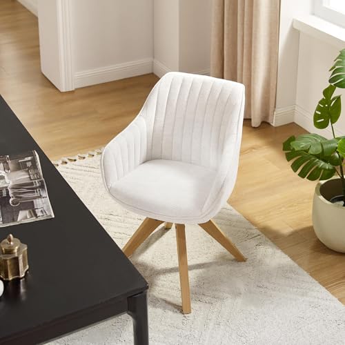 Swivel Desk Chair for Home Office, Fabric, Off White | No Wheels, Oka Wood Legs, Mid Century Modern, Upholstered, 360° Swivel, Accent Chair, Living Room, Bedroom - color: Off White, size: Fabric