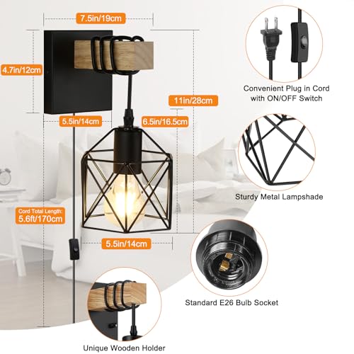 Lightess Farmhouse Plug in Wall Sconces Lamps for Bedroom Set of 2 | Easy Plug In Installation Without Wiring Work Industrial Wall Lights Metal Cage Lampshade Black Wall Mounted for Living Room - size: plug in