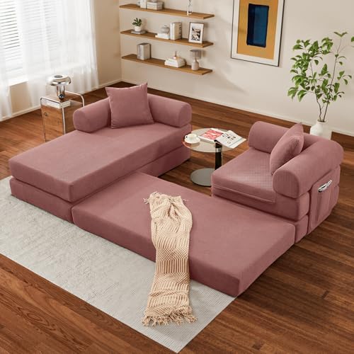 107" Modular Sectional Sofa Bed, L-Shape Corduroy Boneless Couch, Pink | Sleeper Futon Sofa Bed, Boneless Couches for Living Room, Modular Couch with Storage, Pull Out Couch, No Assembly Required - color: Pink