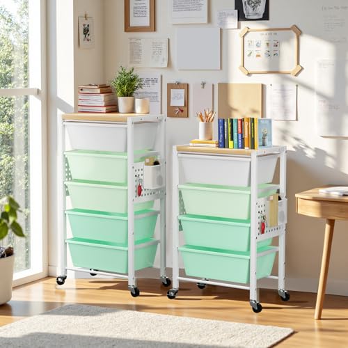 Rolling Cart with 5 Drawers, Plastic Drawer Storage Carts with Wheels & Wooden Tabletop, Metal Utility Cart with Pegboards, Office Living Room Classroom Craft Organization and Storage, Bright Green - color: Bright Green, size: 5-drawer