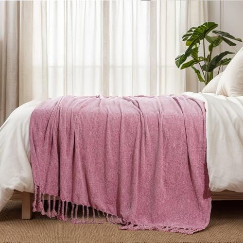BATTILO HOME Pink Chenille Throw Blanket for Couch, Soft Cozy Textured Knit Throw Blanket with Handmade Fringe Tassels, Lightweight Decorative Farmhouse Blanket for Sofa Bed Chair, 50"x60" | Soft Chenille Knit with Handmade Fringe Tassels, Lightweight, Co