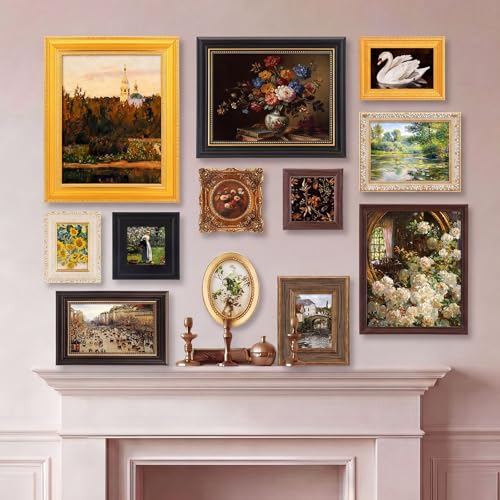 12 Pcs Gallery Vintage Frame Set for Wall or Tabletop Display, Multi-size Gold Brown Antique Picture Frames with Glass Front for French Country Farmhouse Room Art Decor (Vintage) - style: Retro