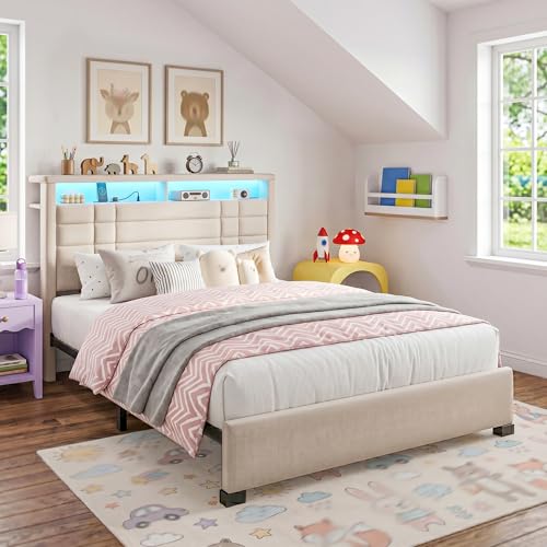 EnHomee Full Upholstered Bed Frame with Charge Station & LED Lights, Beige | 2-Tier Shelves Headboard, 12" Under-Bed Storage Space, Noise-Free, No Box Spring Needed, Easy Assembly - color: Beige, size: Full
