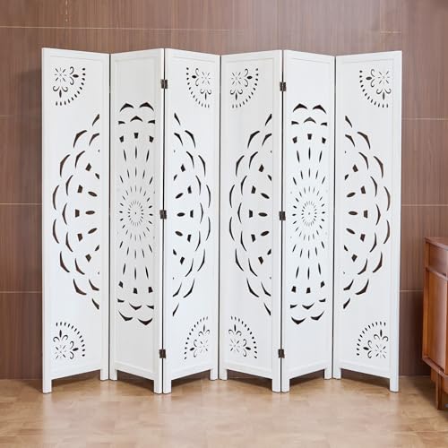 66.9Inch Wooden Room Partition - 6 Panels Boho-Styled Space Room Divider for Home/Office, Headboard & Yoga/Photo/Video Call Backdrop (White) - color: White, size: 6 Panels