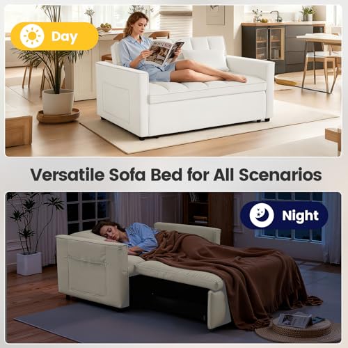 Convertible Sofa Bed, Pull Out Couch with Side Pockets, 3 in 1 Velvet Fabric Loveseat Sleeper Sofa Bed, Pull Out Couch with Adjustable Backrest for Living Room, Bedroom, Apartment, White