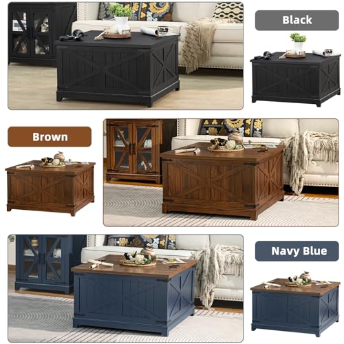 Joaxswe Farmhouse Coffee Table with Hidden Storage Organizer, Black Square Large Center Table, Wood Farm House Low Modern Living Room Tables with Hinged Lift Top for Home, Office - color: Black, style: With Legs