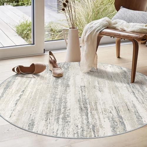 Round Rug 4ft Small Cicle Area Rug Washable Low Pile Non Slip Modern | Circular Throw Carpet for Entryway Bedroom Kitchen Abstract Floor Indoor Accent Neutral Beige and Grey - color: Beige, size: 4' (Round)