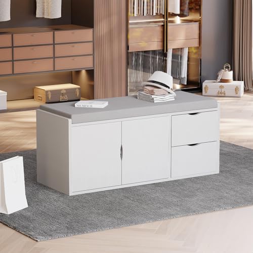 LVB Storage Entryway Bench, Long Shoe Bench with Drawers Storage Shelf | 40”Modern Entry Way Bench with Padded Cushioned Seating, Wood Shoe Rack Benchs for Foyer Entrance Living Bedroom, White Oak - color: White Oak