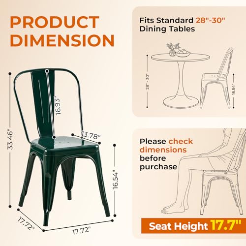 Metal Dining Chairs Set of 2,Emerald Green | Stackable Tolix Style Chairs for Kitchen,Restaurant,Bistro, Patio,Cafe&Outdoor,18 Inch Seat Height - color: Emerald Green