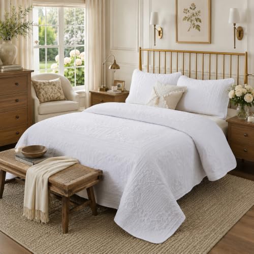 Brandream White Quilts Queen Size Cotton Quilted Comforter Set Cottage Matelasse Coverlet Set 3-Piece - color: White Garland, size: Queen