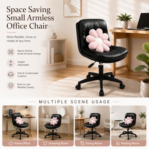 Adjustable Height Vanity Chair with Backrest, Armless PU Leather Desk Chair with Wheels & Lumbar Support, 360° Swivel Ergonomic Computer Office Chair for Home Office Makeup Desk, Black - color: Black