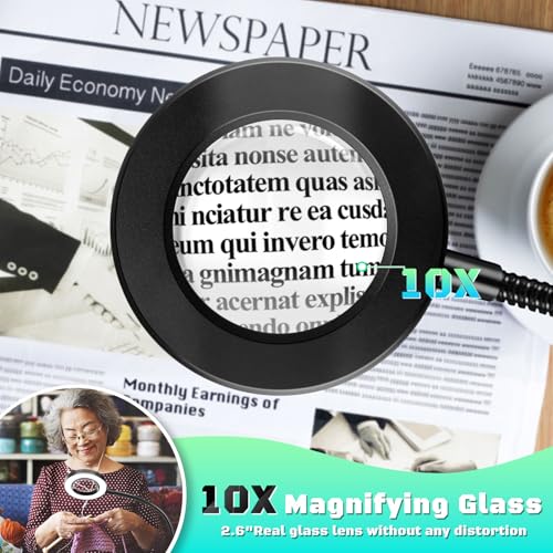 10X Magnifying Glass with Light, Clip on Mganifier with Light, 48 LED Desk Magnifying Glass wtih Clamp, 3 Modes Dimmable Magnifying LED Lamps for Bed Work Crafts DIY Repair Black - color: Black