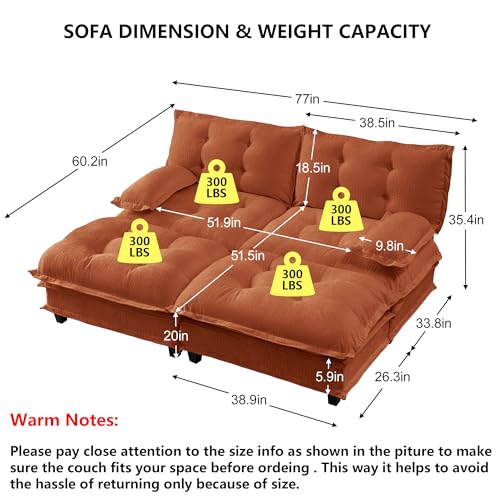 Deep Loveseat Couch with Ottomans,Modular Sectional 2 Seater Cloud Sofa with Ottoman,Tufted Chenille Double Chaise Sofas,Modern Lounger Couches for Living Room Small Spaces - color: Orange, size: 2+2