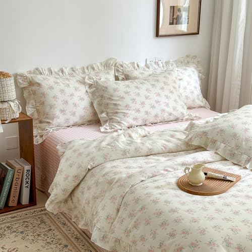 mixinni Pink Floral Duvet Cover Set Twin Size - 100% Cotton Ruffle Lace Bedding Set for Girls, Romantic Cottagecore Style Duvet Cover with Zipper Closure, Soft Aesthetic Princess Bedding-Twin - color: B1 # Ruffle Lace - Pink Floral, size: Twin(68" x 86")