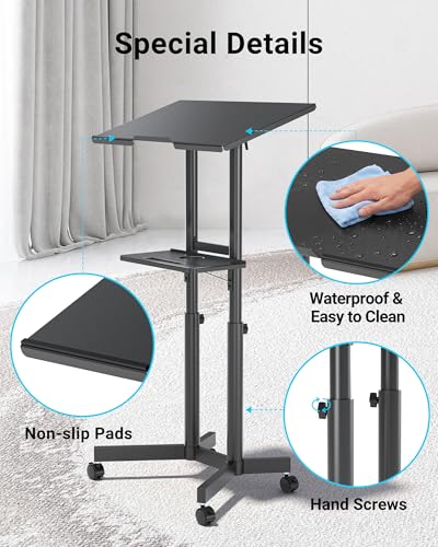 BONTEC Lecterns & Podiums Portable Mobile Standing Laptop Desk, Sit Stand | Height Adjustable, Home Office Classroom Pulpit Stand Up Desk Workstation, Rolling Table Laptop Cart with Storage Tray - color: Black