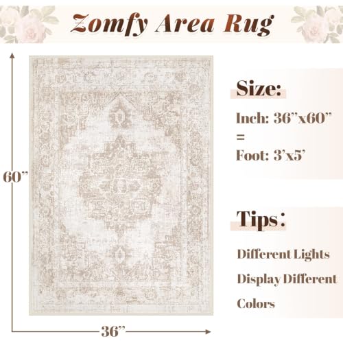 Area Rug 3x5 Vintage Rug: Washable Indoor Medallion Rug Low Pile Distressed Floor Carpet Retro Accent Doormat for Bedroom Bathroom Hallway Kitchen Home Office(Beige, 3'x5') - color: Beige, size: 3' x 5' (Rectangular)