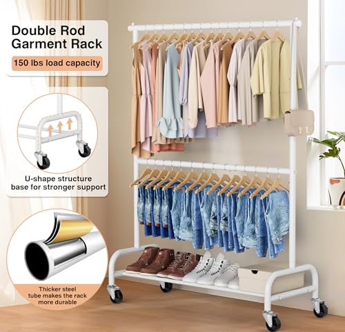 MISSLO Heavy Duty Clothing Racks for Hanging Clothes Rack Double Rod Garment Rack Rolling Closet Wardrobe Rack on Wheels, Metal, Adjustable, White - color: White