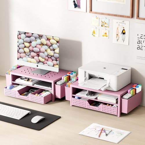 Laptop Stand for Desk Organizer and Accessories, 2-Tier Computer Monitor Stand Riser with Drawer and 2 Pen Holders, Ventilated Perforated Steel Top, Office Desk Accessories for Home Office Supplies, Pink