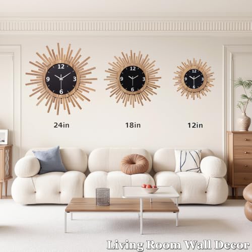 18 Inch Large Wall Clock, Battery Operated, Silent, Rustic Wood Boho Sunburst Decorative Wall Clocks for Living Room Kitchen Bedroom Farmhouse Office Decor (Rustic Brown) - color: Rustic Brown, size: 18 inch