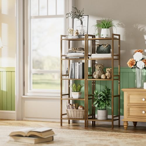 HITNET Bamboo Book Shelf, Tall Narrow Bookcase, Bathroom Shelving Unit 5 Tier Floor Standing Adjustable Bookshelf for Small Spaces, Walnut - color: Walnut
