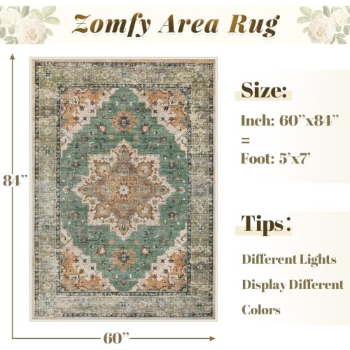 Area Rug 5x7 Vintage Rug: Washable Indoor Medallion Rugs Low Pile Distressed Floor Carpet Retro Accent Rug for Living Room Bedroom Kitchen Dining Table Home Office(Brown Green, 5'x7') - color: Brown Green, size: 5' x 7' (Rectangular)