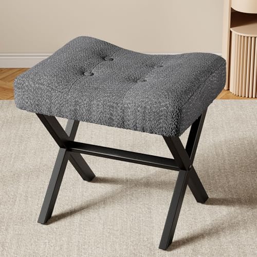 18-Inch Large Vanity Stool Chair, Gray Makeup Stool | Teddy Flannel Vanity Bench, Metal X-Leg, 350 LBS, 20"x16.9"x18", Ottoman Accent Stool, Breathable Soft Padded Saddle Seat - size: Large, style: Gray Fabric