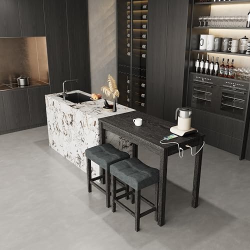 allamazing 3-Piece Counter Height Bar Table Set with Socket and 2 Fabric Padded Bar Stools, Tall Kitchen Breakfast Dining Table Set with Stools (1+2 Black) - color: 1+2 Black