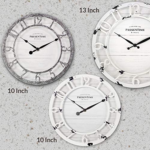 10" Farmhouse Series Wall Clock | Shiplap Style, Raised 3D Arabic Numeral, Antique Distressed White - color: Antique Distressed White, size: 10 inch