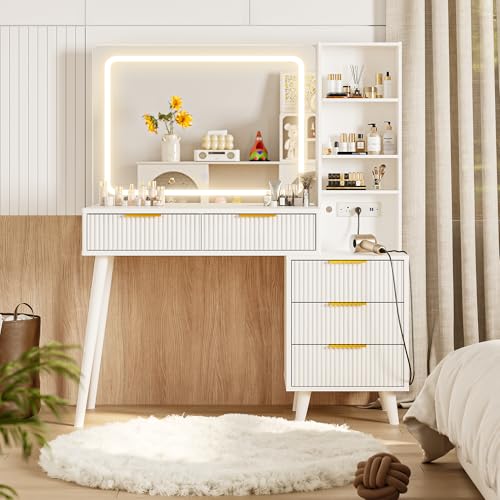Vanity Desk with Mirror and Lights, Makeup Vanity Desk with Power Outlet, Makeup Desk with 5 Drawers&Storage Shelves, Vanity Table 3 Color Modes Adjustable Brightness Dressing Table Set for Bedroom - style: White Vanity with Power Outlet