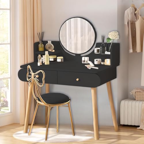 Makeup Vanity Table Set with Mirror, Medium Density Fiberboard Modern Makeup Vanity Dressing Desk with 2 Drawers and 2 Shelves, 31.5"(L)*15.7"(W)*47.2"(H), White (Without Stool) (Black) - color: Black