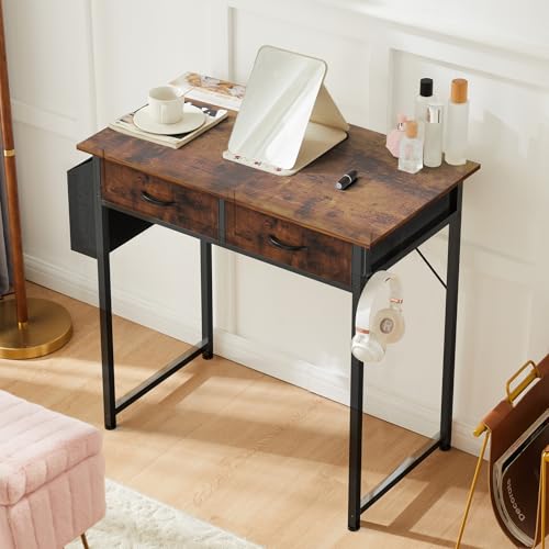 DUMOS 32-Inch Small Computer Desk with Drawers and Hook, Brown | Home Office Desk for Bedroom, Gaming Writing Study Desk with Adjustable Feet - color: Brown, size: 32-In